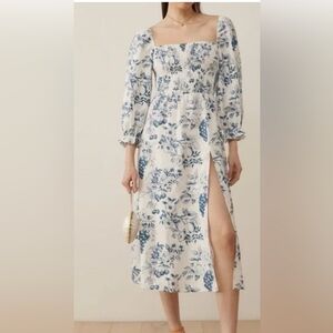 Reformation Blue and White Sundress with 3/4 Bishop Sleeves